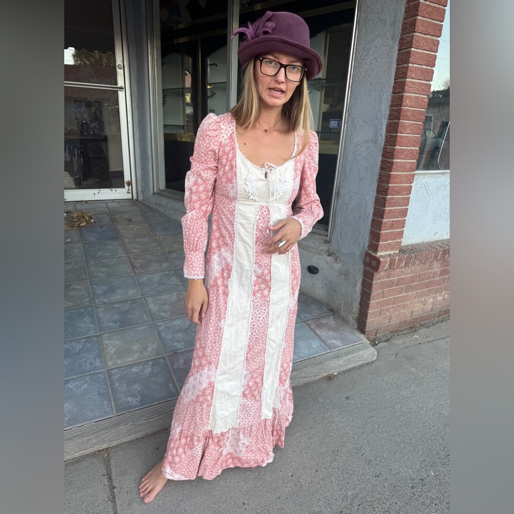 VTG 70s Roberta California Prairie Maxi Dress – Dusty Rose Lace Boho Cottagecore